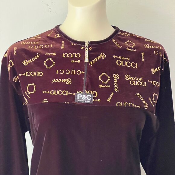 Vintage Brown Velvet Logo Top with Rhinestone Zip Detail, Size M - Picture 13 of 16